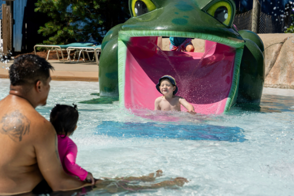 water park guests playing on frog structure in shallow water